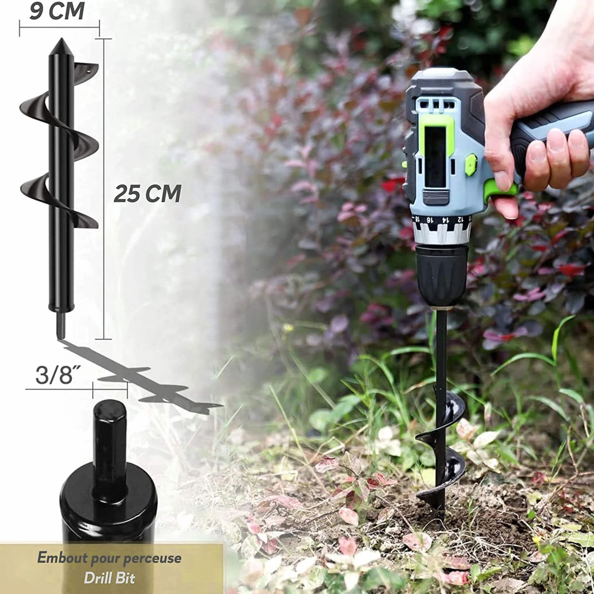 FISHTEC - Tarière pour Perceuse Jardin Ø 90 mm - Foret embout 8 Longueur Mèche 25 cm en Acier Creuser Rapidement des Trous et Planter vos Fleurs Arbre Arbuste, Piquets, Poteau