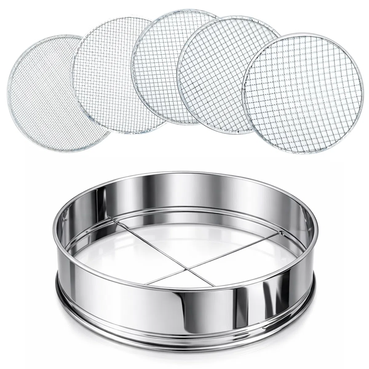 Flatro Tamis de jardin pour terre et pierre | Cadre en acier inoxydable avec 5 inserts interchangeables en maille fine (3 mm, 5 mm, 8 mm, 10 mm, 12 mm) | Tamis de compost de jardin en métal