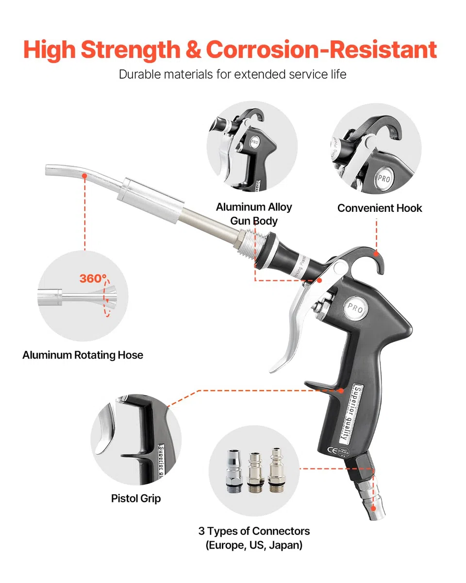 VEVOR Pistolet Nettoyage Voiture à Air Haute Pression 6-9,2 Bars avec 2 Buses, Tuyau Rotatif Aluminium, pour Élimination Saleté Poussière Surface, Fonctionne avec Compresseur d'air 1/4 NPT Non Inclus