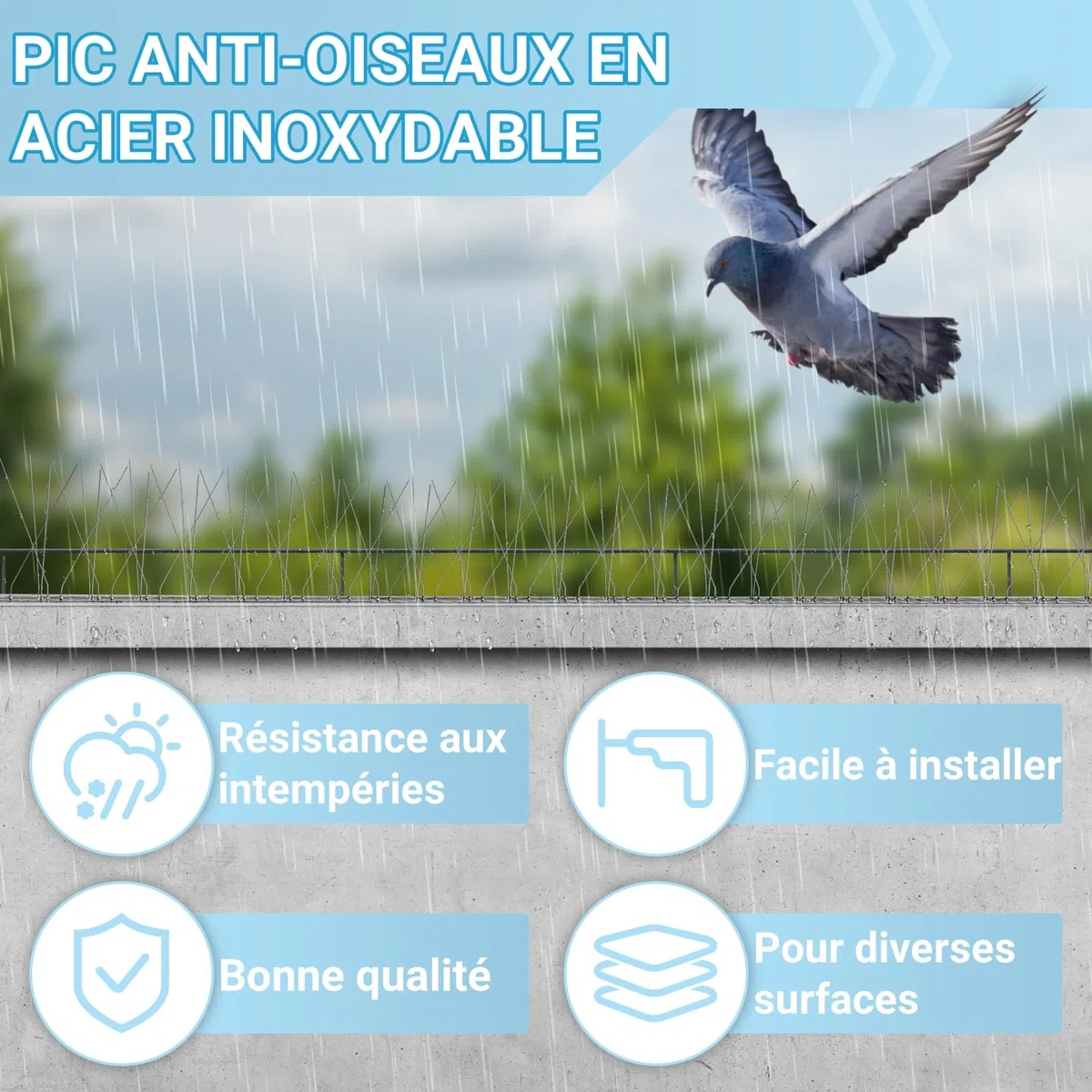 Pic Anti-Pigeon en Acier Inoxydable 6.6 Mètres, Pack de 20 Pique Anti-Oiseaux pour Effrayer Corbeaux, Moineaux, Chats, Respectueux des Animaux