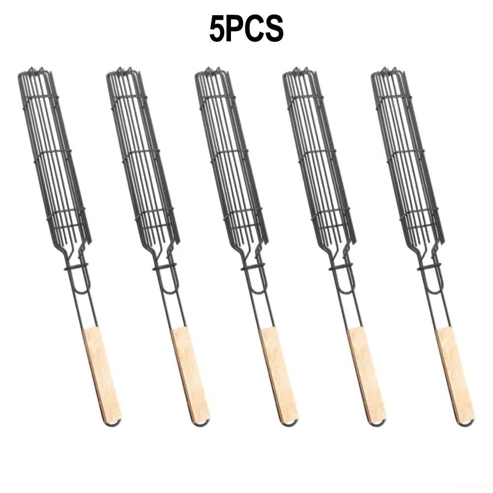Lot de 5 paniers de barbecue avec poignées en bois, cages en maille robuste pour saucisses, viande et légumes