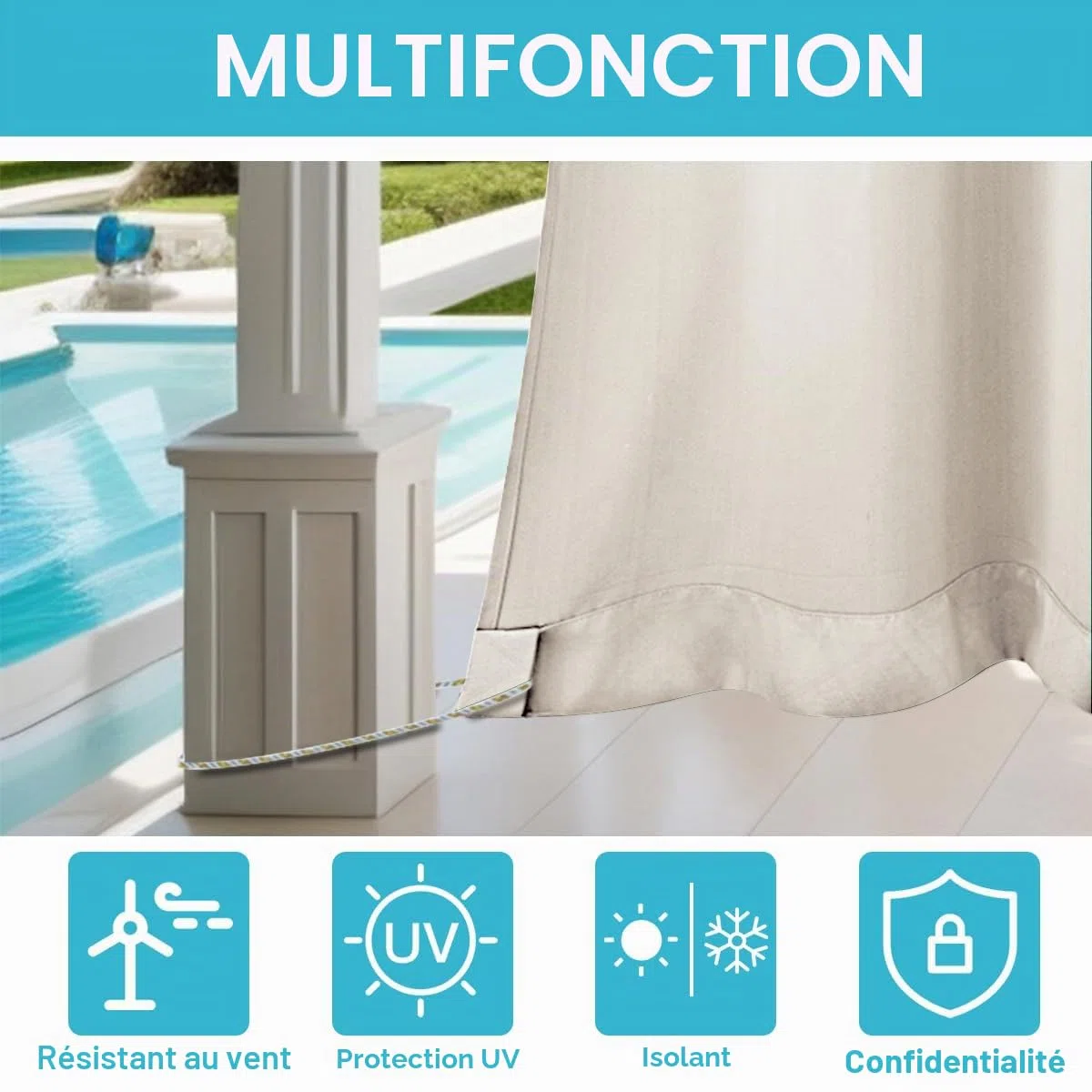 ele ELEOPTION Rideau Extérieur Imperméables Protéger Contre UV Isolants Thermiques, avec Perforations, Adaptés aux Jardins, Terrasses, Pergola, Balcons, Texturé 3D Blanc Cassé, 1 Pièce / 132 X 213cm
