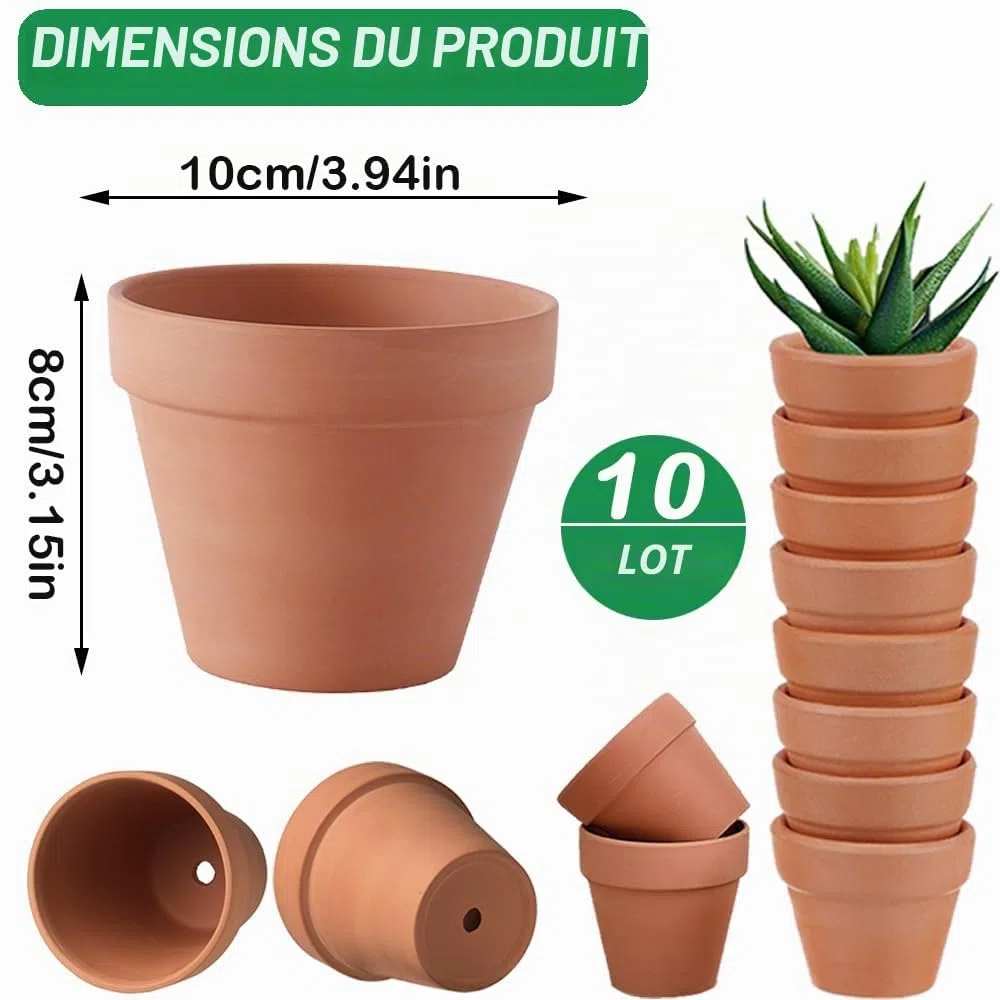 Lot de 10 Pots en Terre Cuite de 10 x 8 cm, Petits Pots en Argile avec Trou de Drainage, Mini Pot en Terre Cuite, Pot Terre Cuite Réutilisable pour Chambre Bureau