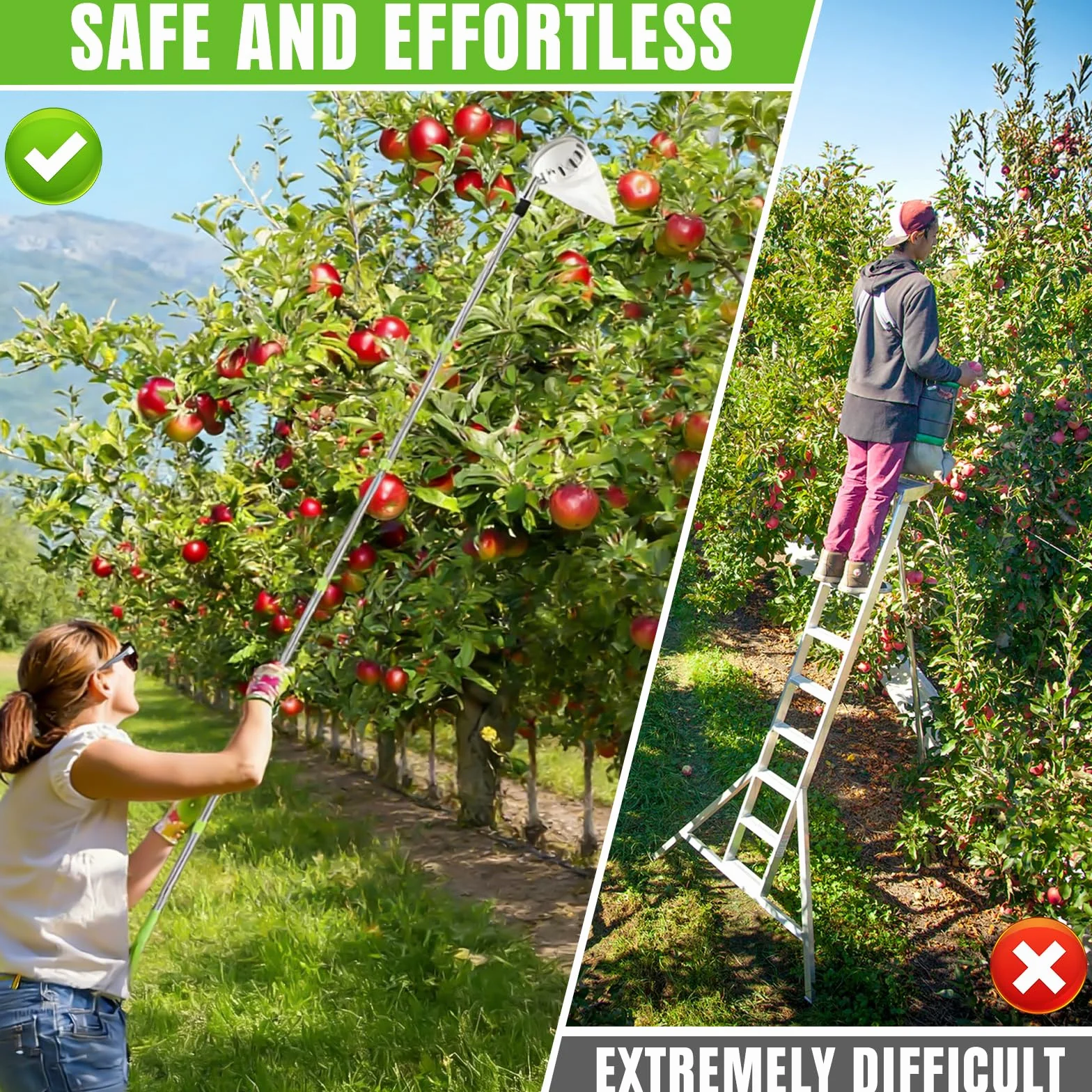 Cueille Fruit Telescopique, Cueille Fruit Avec Manche Télescopique 3.8m, Cueille-Fruits En Acier Inoxydable Avec Sac En Coton, Poteau Réglable Cueille Fruit Pour Pommes Poires Oranges Pêches