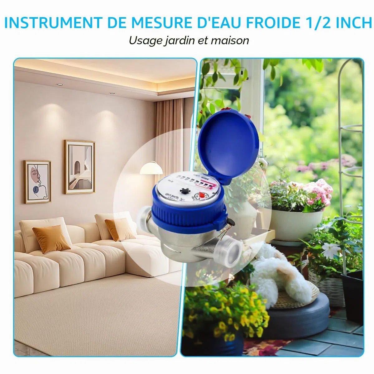 Compteur d'eau de jardin 1/2", horloge à eau froide calibrée, compteur de robinet avec accessoires de montage et couvercle de protection,pour usage domestique, jardin, 0-40℃ 1,5 m³/h