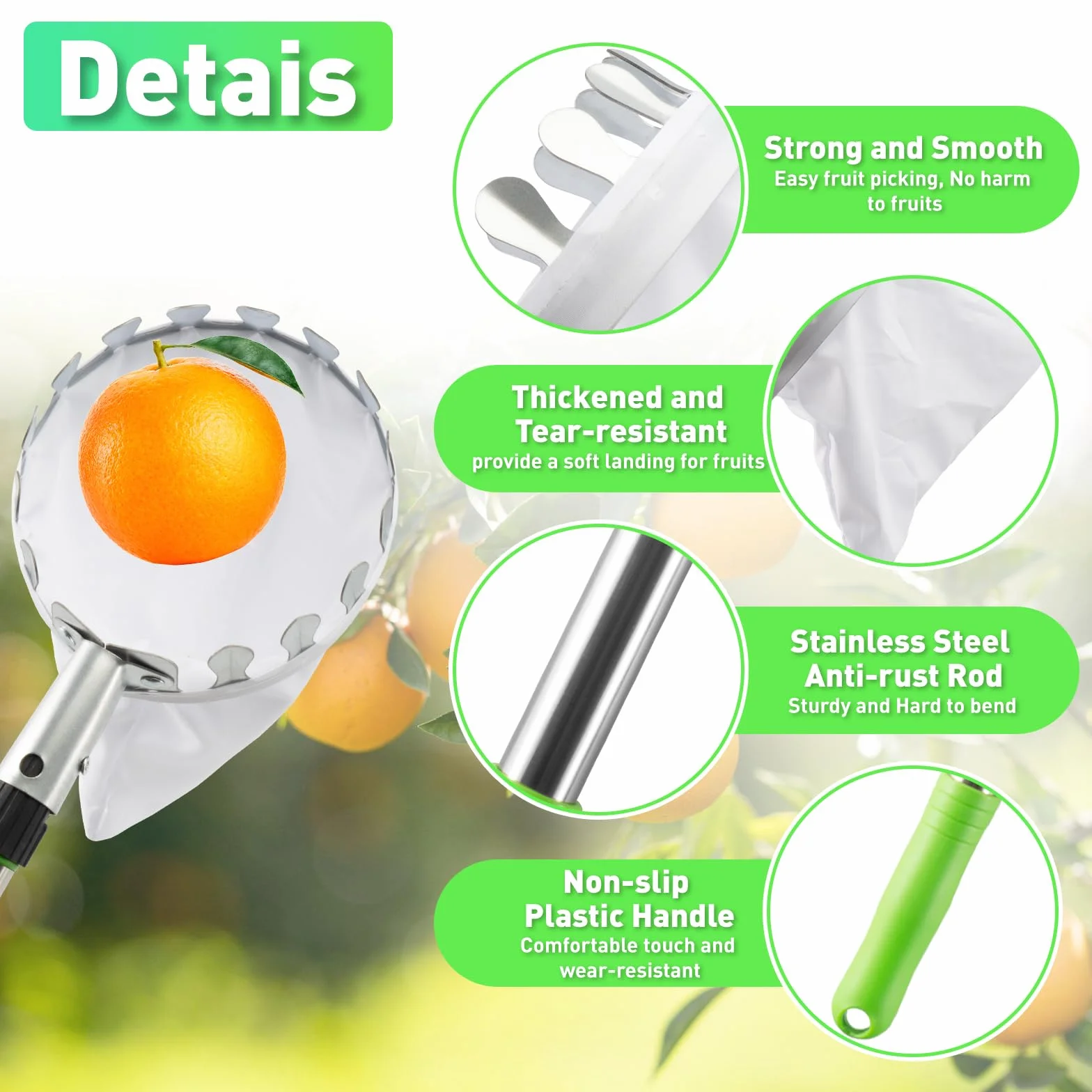 KOMABLEN 4M Cueille Fruit Telescopique, Ramasse Pomme INOX et Sac de Rangement, Poteau Réglable Cueille Fruit pour Pommes Poires Oranges Pêches Cerises