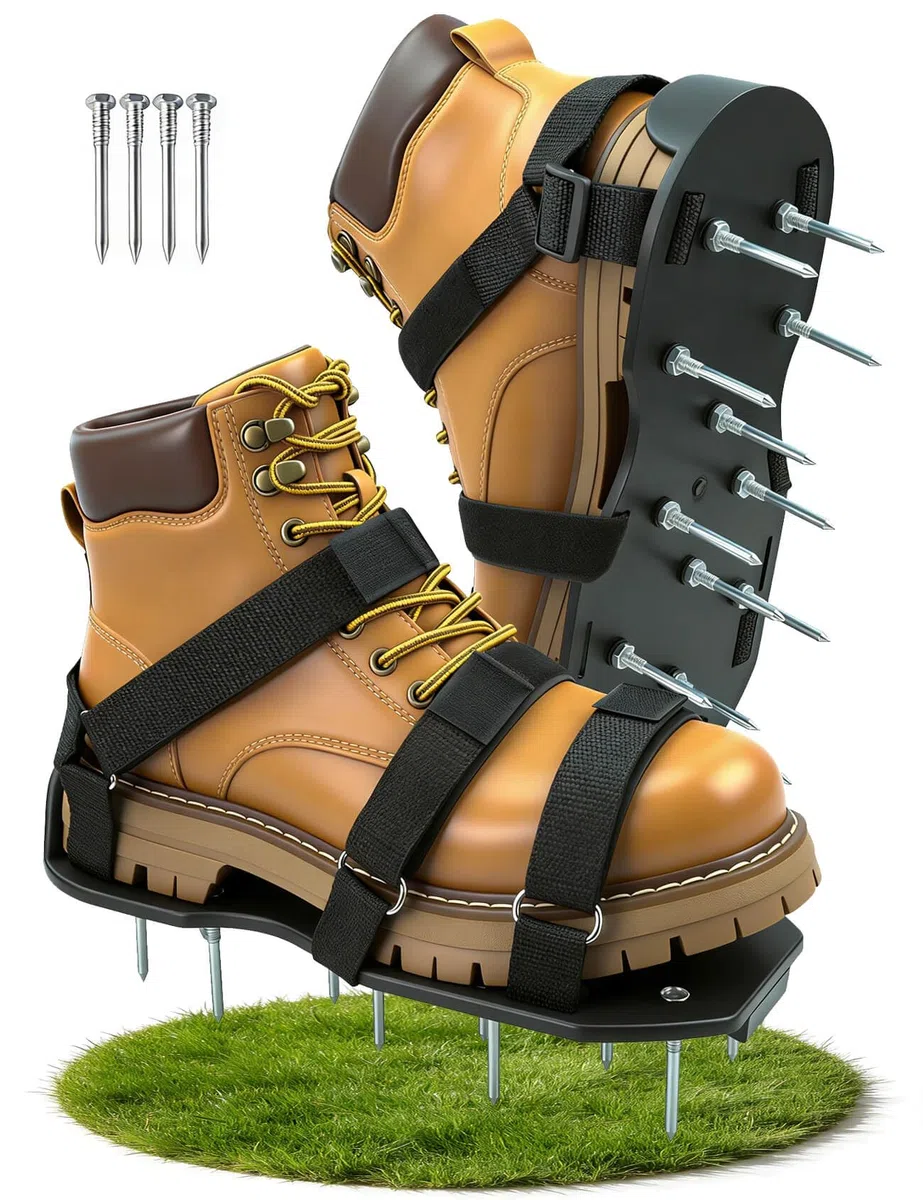 Sandales Aérateur Pelouse Installation Gratuite avec doubles sangles sur le dessus du pied, Chaussure à Gazon Chaussures à Ongles Scarificateur Gazon Chaussures pour Gazon, 4 pointes de rechange