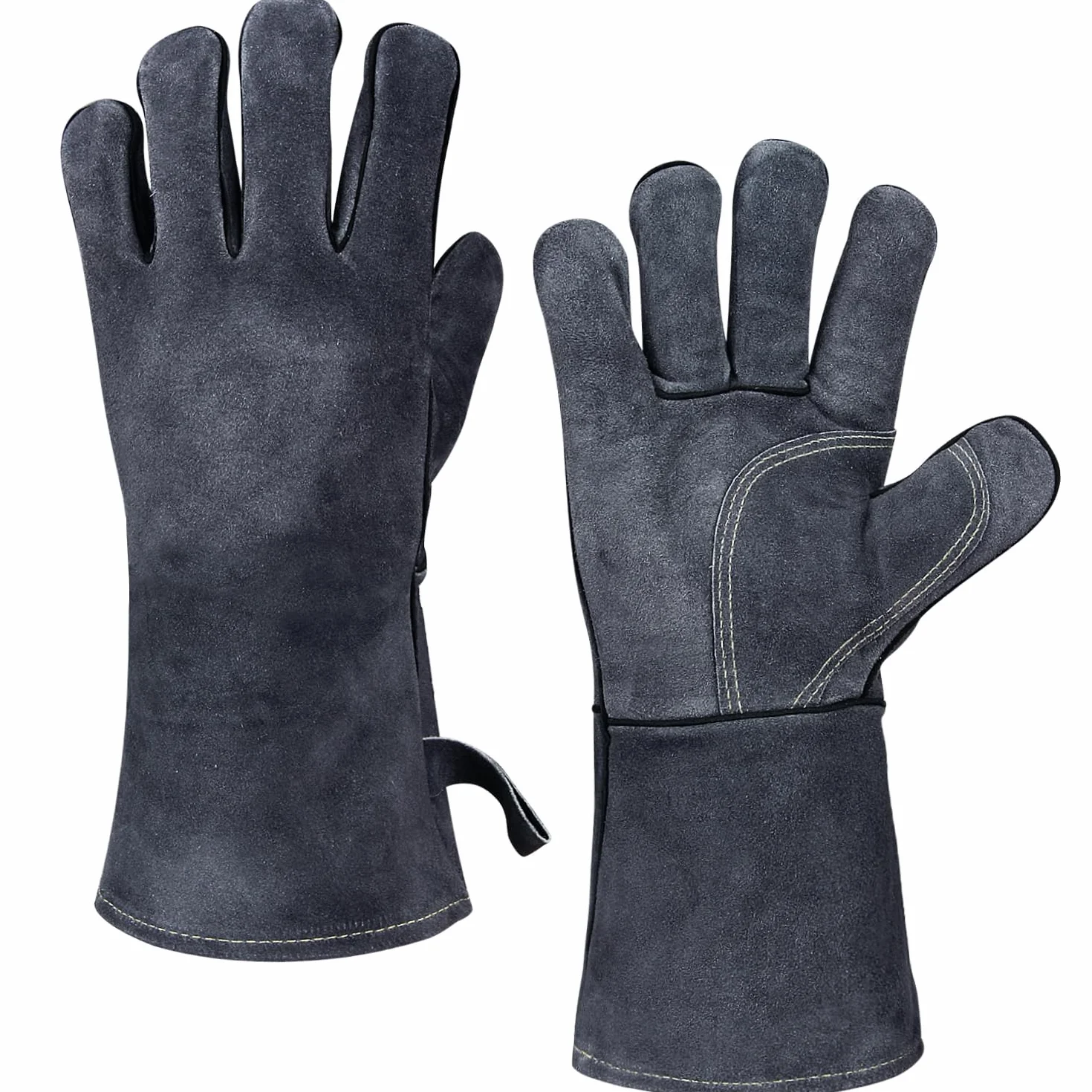 OZERO Gants Cheminée et Barbecue Anti Chaleur | Cuir de Vachette, Manchette Longue pour Poêle à Bois, Four, Soudure et Insert, Gris