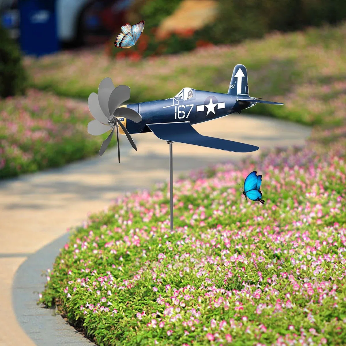 Murman Girouette D'avion En Métal - Moulin À Vent Pour Décoration De Pelouse Cour Et Jardin 35x18x9cm - Résistant Aux Intempéries - Bleu
