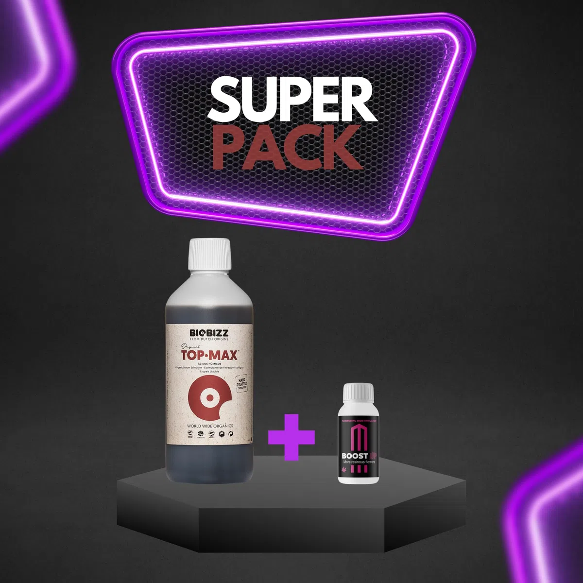GROWMANIA Top Max de BioBizz 500 ml + Probe Boost Up de Up Nutrients + Cuillère à mesurer | Stimulateur de fleurs pour jardins urbains | Augmente la quantité et la taille des fleurs