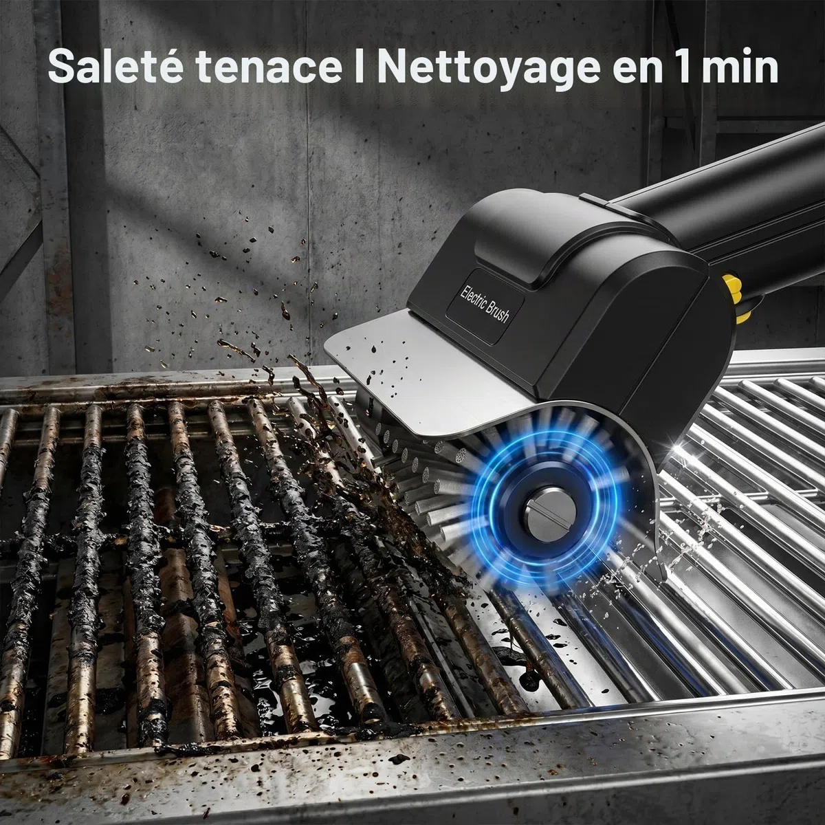 Brosse de gril électrique alimentée par batterie avec tête de brosse en acier inoxydable, brosse de gril en acier inoxydable, brosse de gril étanche pour grille en fonte, fumoir, plaque de gril (noir)