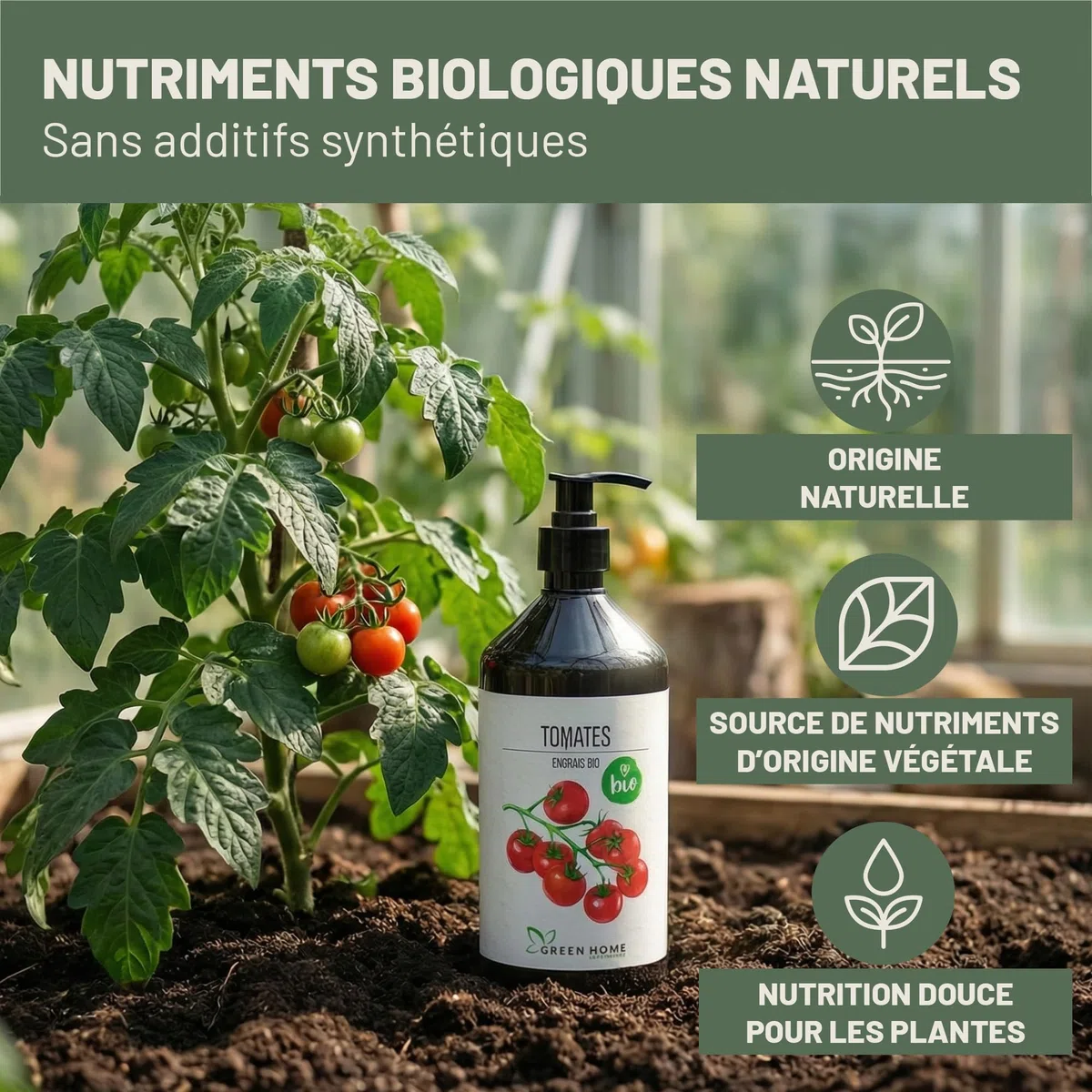 Green Home Engrais BIO Tomates 1 L avec pompe doseuse – Engrais tomates liquide NPK 3-2-6 riche en potassium et calcium – Pour potager, bac et serre