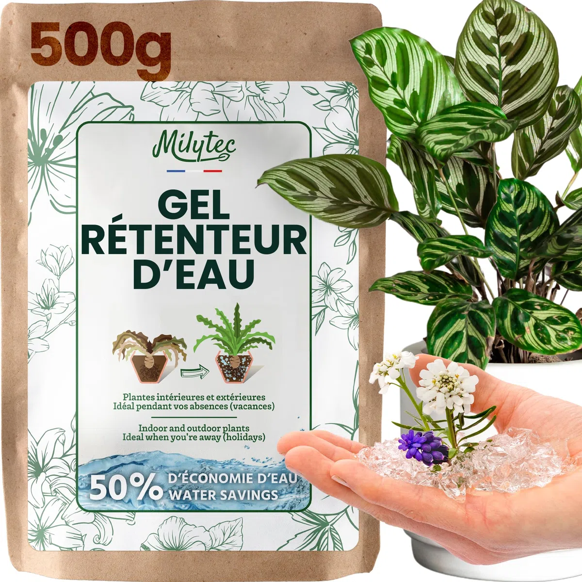 Granulés Gel Rétenteur d’Eau pour Plantes | Arrosage Automatique Pendant Les Vacances | Intérieur et extérieur | E-Book Offert | Sachet de 500 g | Convient pour 600 litres de terreau