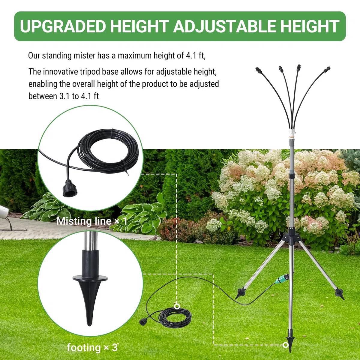 Brumisateurs Debout pour Patio Extérieur, Système de Brumisation sur Pied Réglable en Hauteur de 4,1 Pieds pour le Refroidissement Extérieur, Support Portable