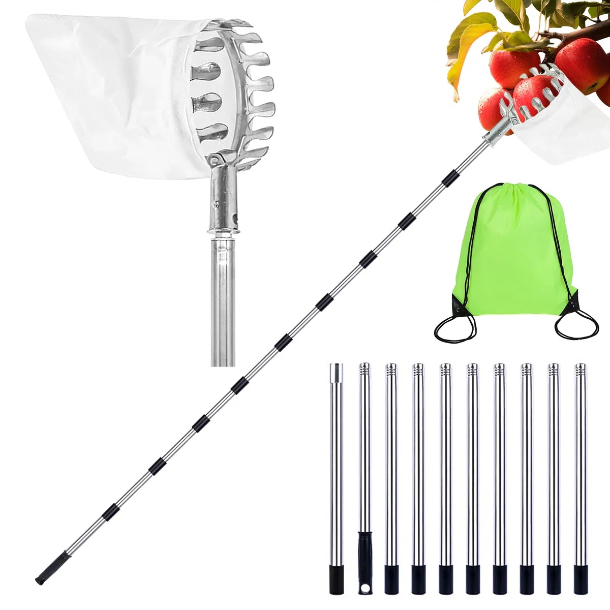 Cueille-fruits 4,2 m avec manche télescopique, en acier inoxydable, longueur réglable, avec sac en coton