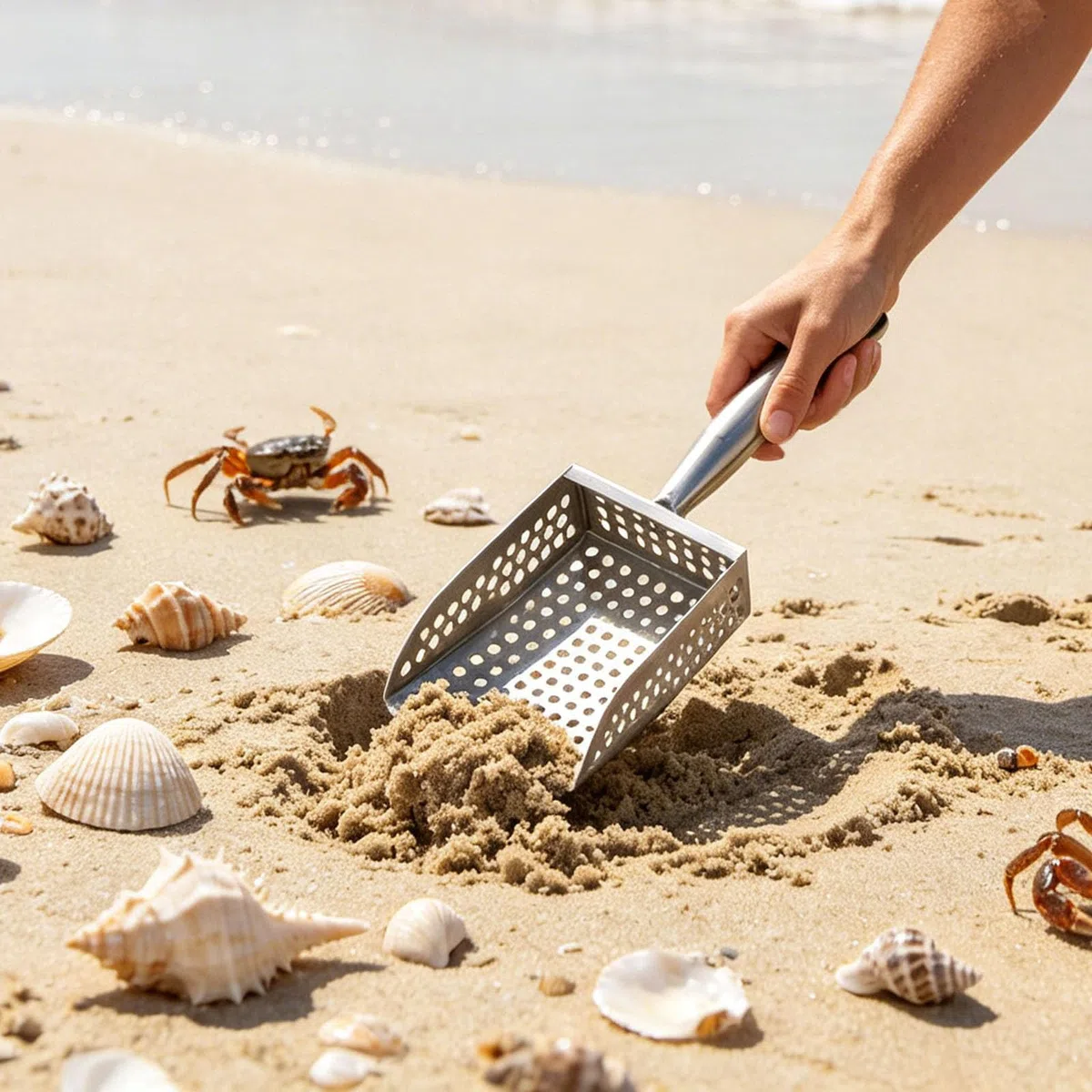 Râteau à sable, pelle à sable pour détection de métaux, tamis de plage en acier inoxydable robuste avec poignée, râteau et tamis pour la chasse au trésor et le peignage de plage (2)