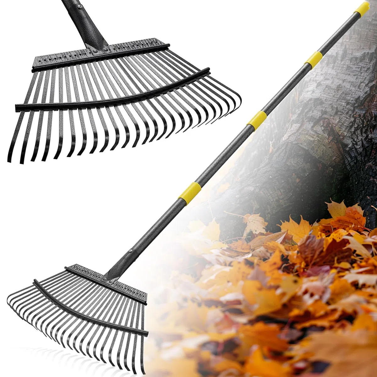 FLY HAWK Râteau à Feuilles, 165cm Râteau de Jardin avec Manche Réglable et 25 Dents Renforcées, 45cm Grande Surface Râteau de Jardin pour Nettoyer Plantes, Pelouse et Cour