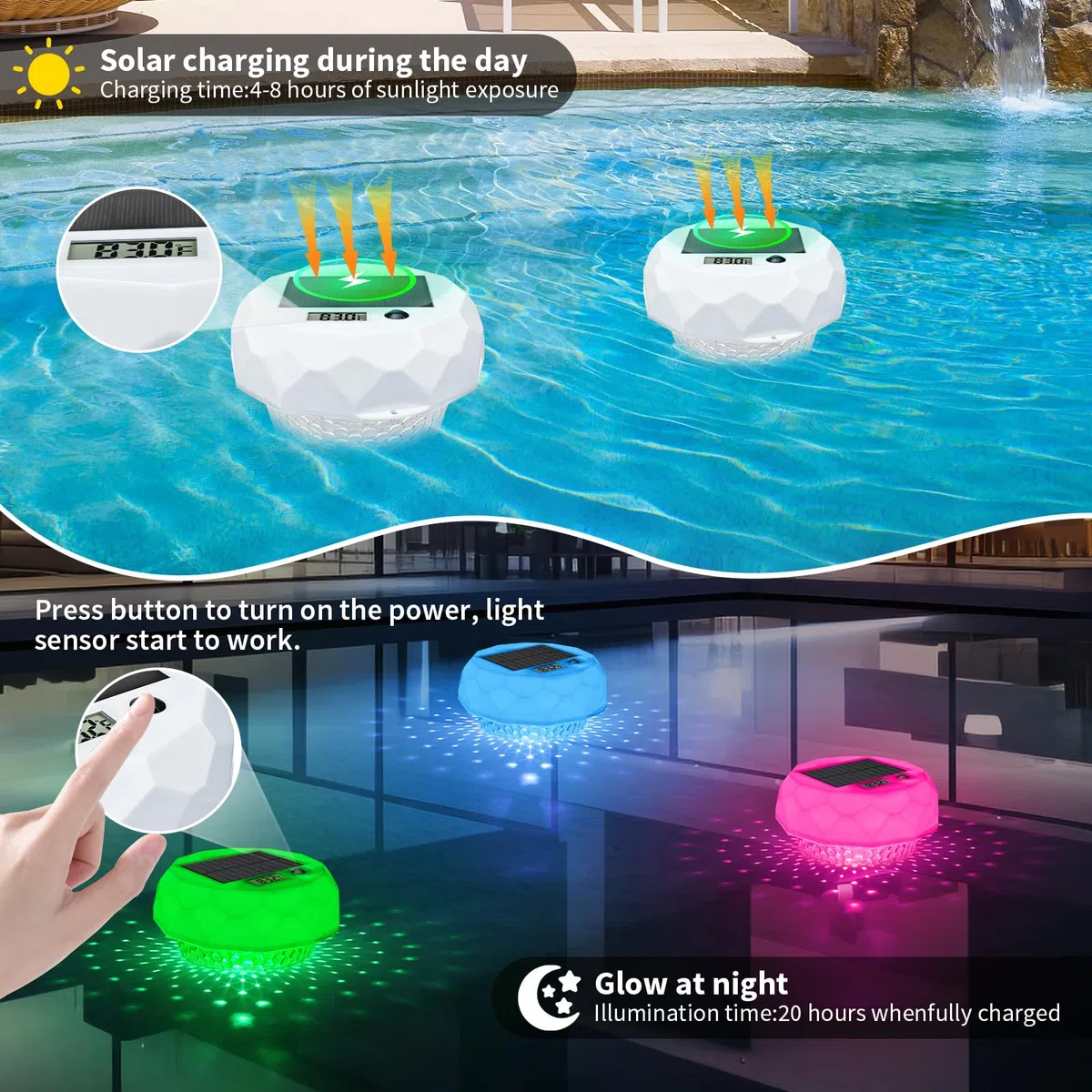 Qoolife Dosieur de Chlore Flottant avec thermomètre et lumière Solaire, pour étang, Bassin, Spa et Bain à remous, Compatible avec 1" et 3", avec télécommande et réglage