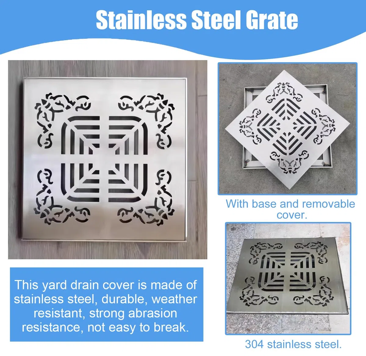 Caniveau Exterieur Grille de Drainage Carrée 10x10cm, 15x15cm, 20x20cm, 25x25cm, 30x30cm avec Base, Couvercle de Drainage Extérieur Durable en Acier Inoxydable 304 pour Jardin(30cmx30cm(11 3/4"x11 3/4