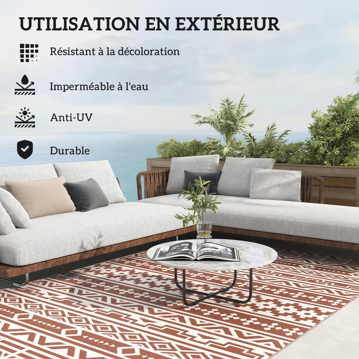 Outsunny Tapis d'extérieur réversible 1,8 x 2,7 m, Tapis de Sol au Motif Mur géométrique en PP, Sac de Transport Inclus, résistant aux intempéries, Rouge et Blanc