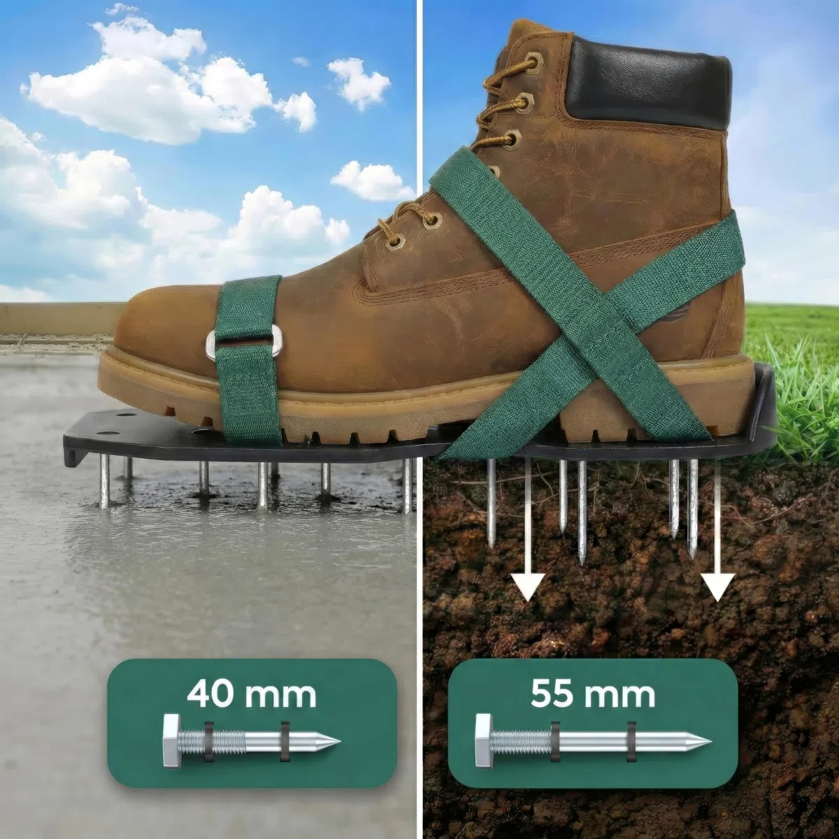 Sillar Chaussures à Clous avec Fermeture Réglable, Scarificateur Gazon 2 en 1 avec Pointes 55 mm et 40 mm, Durables pour Jardin, Sol, Pelouse, Chape et Revêtement, Pointures 37-48