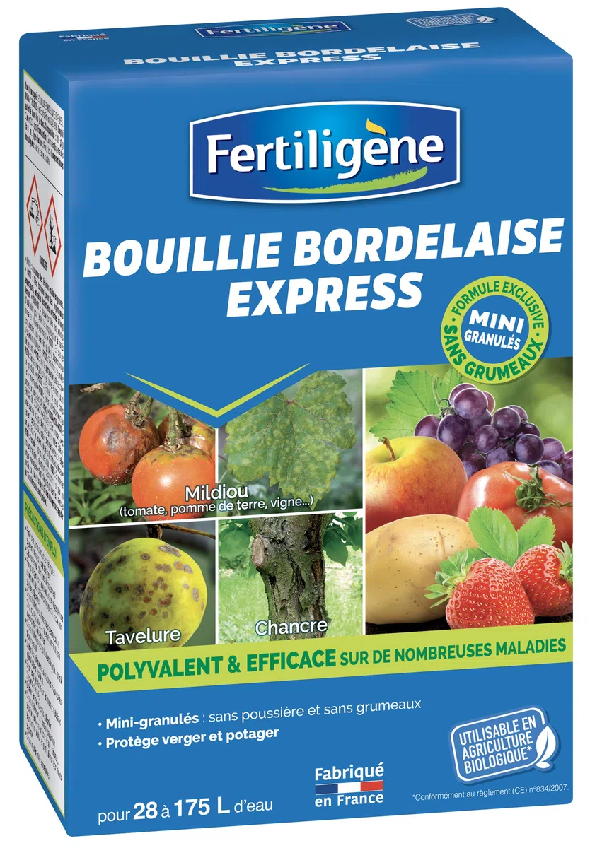 FERTILIGENE BOUG7N - Bouillie Bordelaise Granulés Solubles UAB 700 g - Polyvalent et efficace sur nombreuses maladies - Protège verger et potager - Mini granulés sans grumeaux - Frabriqué en France
