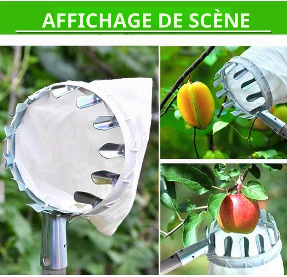 TUIBEIDAMAI Cueille-fruits avec manche télescopique 4,25M, Cueilleur de pommes Diamètre 16 cm, Cueilleur de cerises avec sac en coton, Récolteur de fruits en acier inoxydable pour cerises, Récolteur