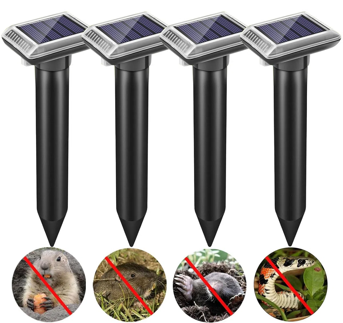 4 pièces Repousse-Taupes Solaire à ultrasons, Kit Anti-Taupes, Combinaison de Vibrations solaires et d'ultrasons Anti-Taupes, Repousse-Taupes Solaire étanche IP66 Vélo