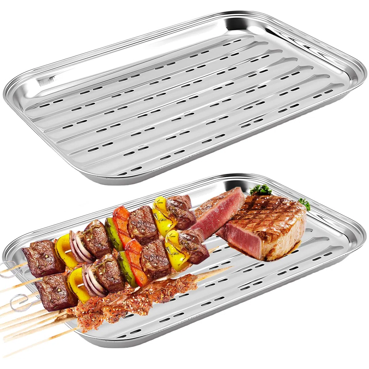 2 plateaux de cuisson en acier inoxydable pour barbecue : 34,9 x 24,5 x 2,7 cm. Plateau de cuisson réutilisable, panier à légumes, accessoire pour griller légumes, poisson ou viande.