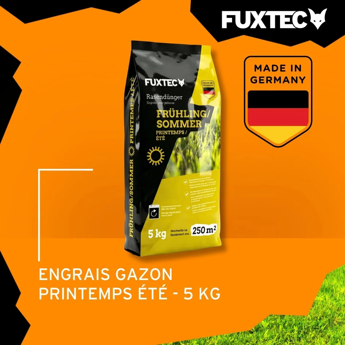 FUXTEC Engrais gazon printemps été FX-RDFS5 5 kg rendement 250m2 fertilisant pelouse organo-minéral NPK 12+3+5 azote à libération progressive magnésium et soufre granulés fins