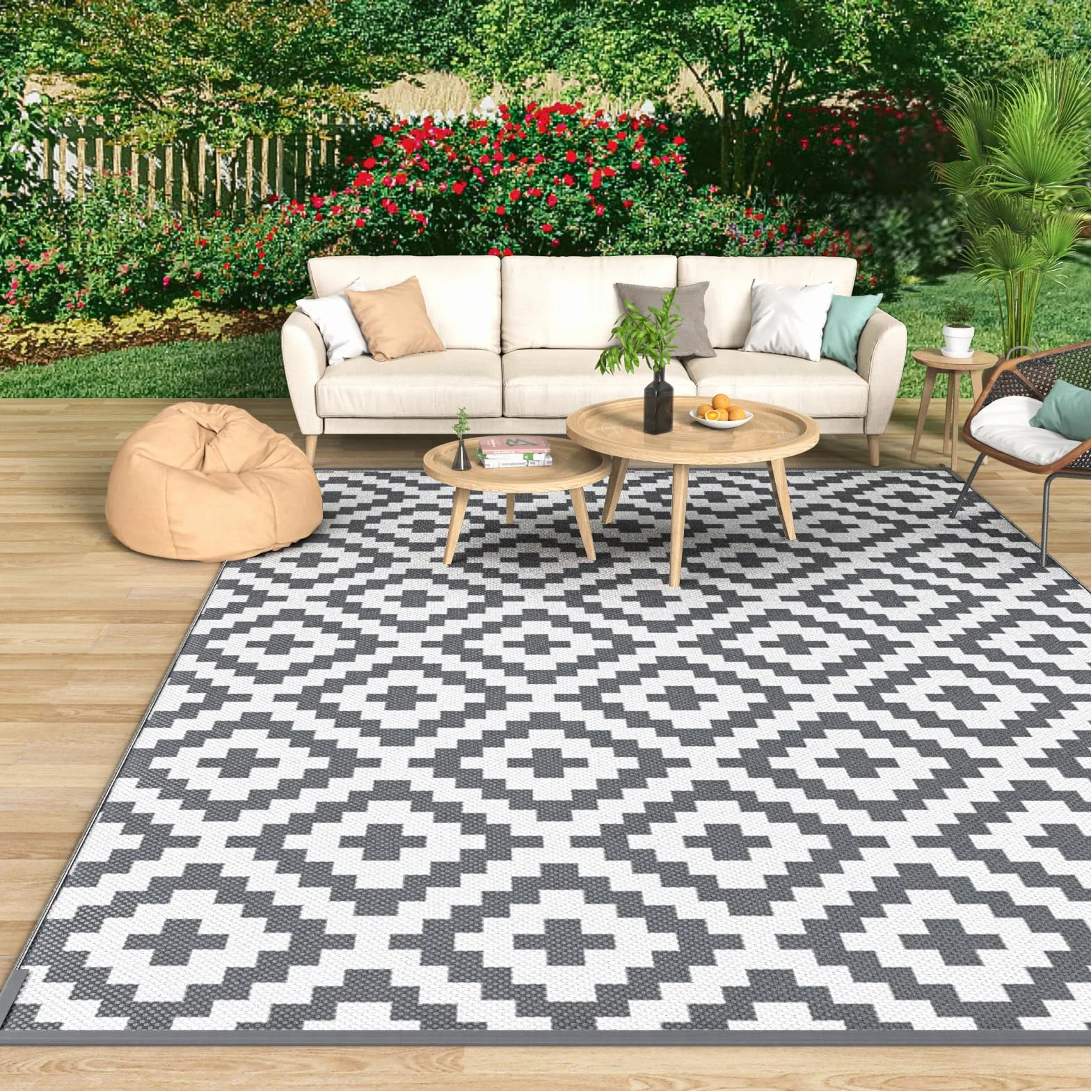Mokani Tapis Exterieur Resistant Pluie, Tapis extérieur pour Patio, terrasse, Plage, Pique-Nique, arrière-Cour (150 x 240 cm, Gris & Blanc)