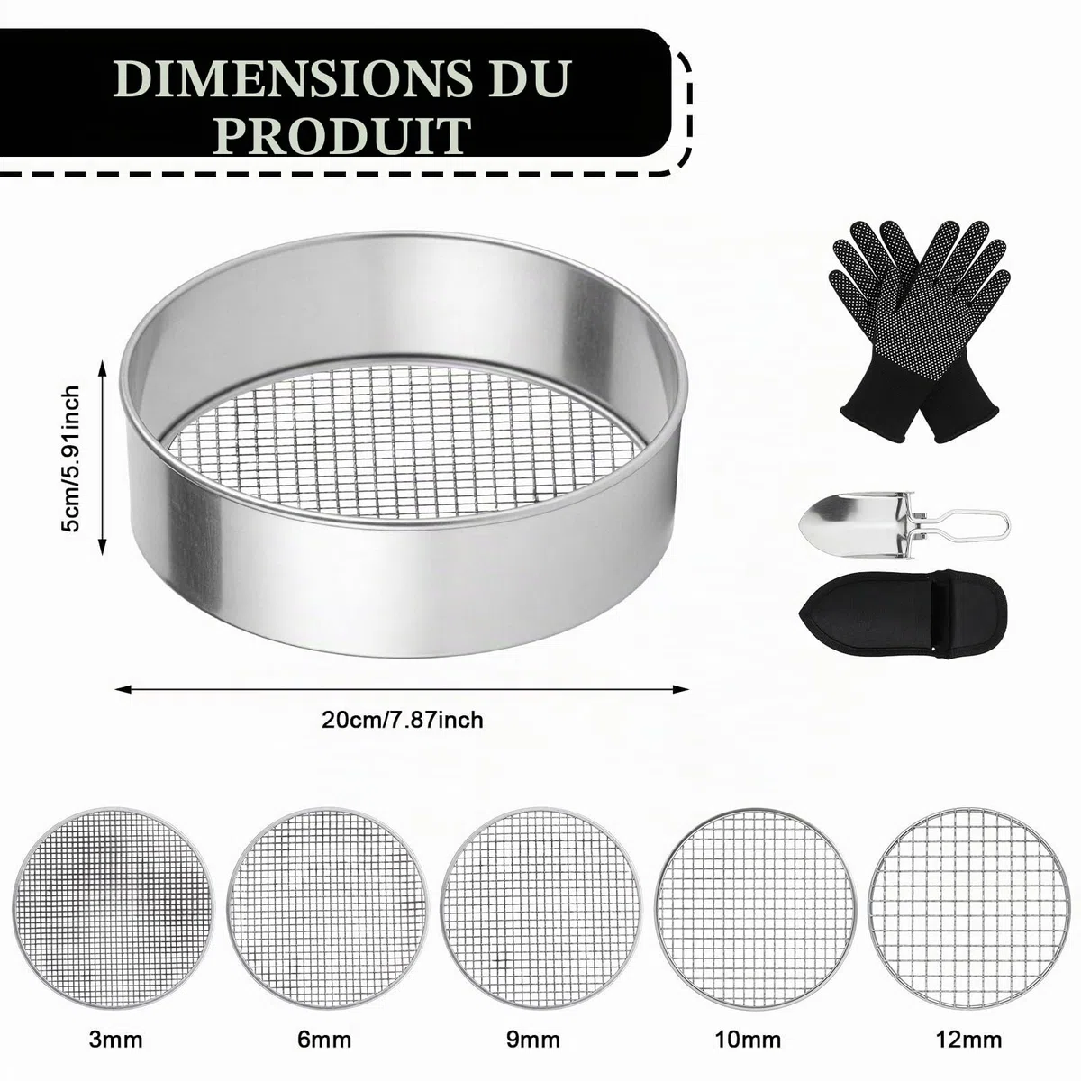Tamis De Jardin En Acier Inoxydable, 5 En1 Tamis Jardin, Tamis À Compost Rond En Métal, Rond 20 Cm, Avec Pelle Et Gants Avec 5 Tamis Interchangeables Ø 3,6,9,10,12 Mm Pour Terre, Compost, Semences