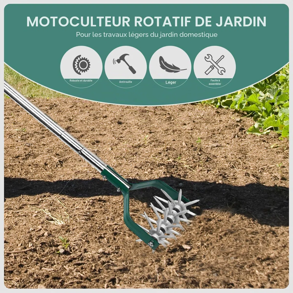 YEELOR Motoculteur de jardin avec manche réglable en acier inoxydable, motoculteur rotatif fin pour le relâchement du sol dans les petits jardins, l'aération de la pelouse, le mélange d'engrais et la