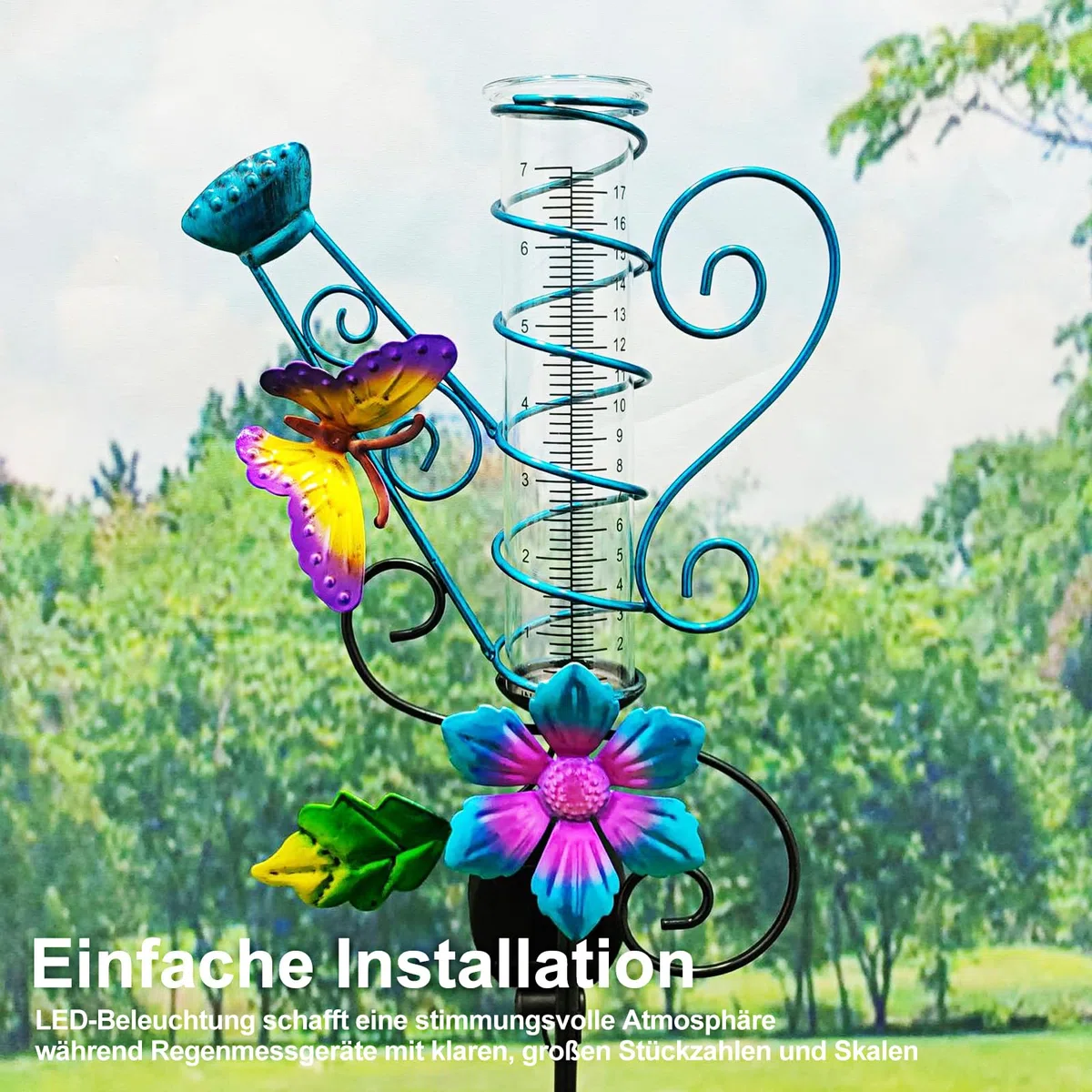 HOSPAOP Pluviomètre Solaire de Jardin avec LED et Piquet – Verre Résistant au Gel, Mesure Précise des Précipitations pour Pelouse, Terrasse, Champs, Patio, Déco Extérieure