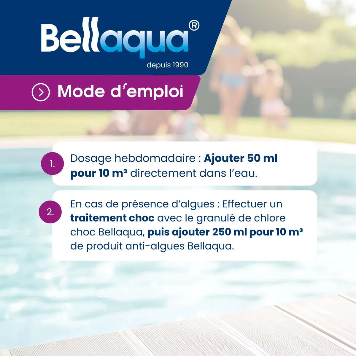 Bellaqua Anti-Algues Piscine 3L – Algicide Liquide sans Mousse – Prévention et Traitement des Algues – Compatible Tout Type de Piscine
