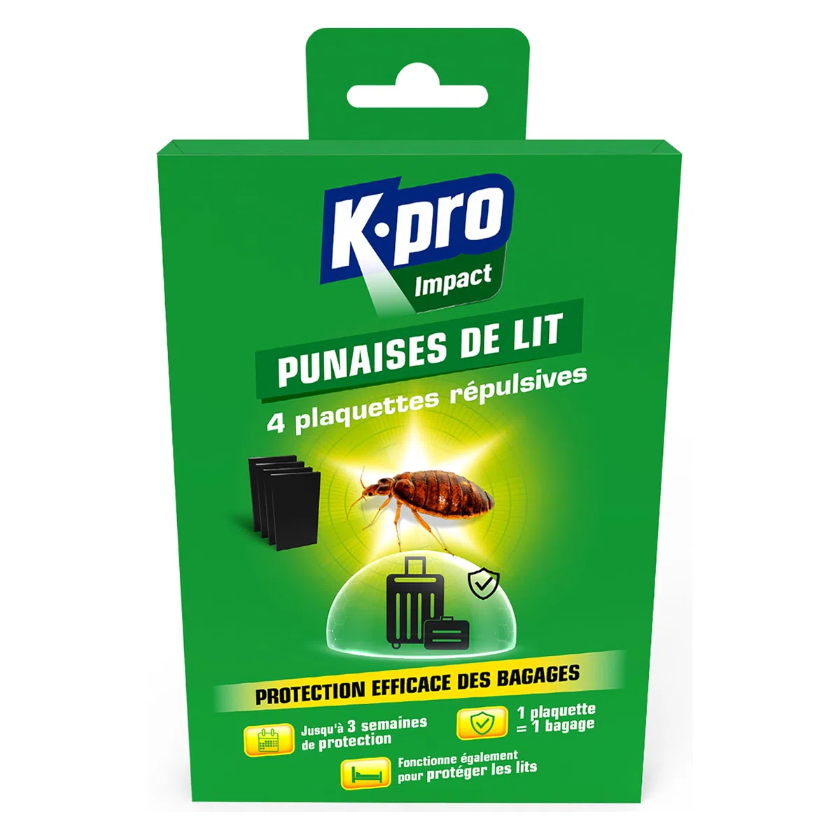 K.PRO Plaquettes répulsives punaises de lit, 4 plaquettes, protège bagages et lits, jusqu'à 3 semaines de protection, 1 plaquette = 1 bagage, intérieur