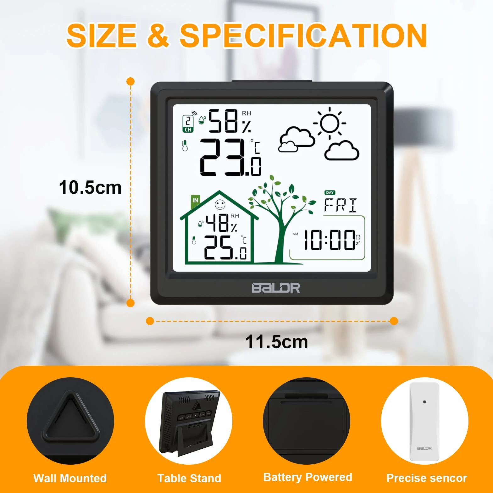 Station météo sans Fil, Thermomètre Hygromètre Baromètre Intérieure Extérieure avec Capteur LED Ecran Rétro-éclairage Horloge Numérique Alarme et Snooze Heure Date Jour (Noir)