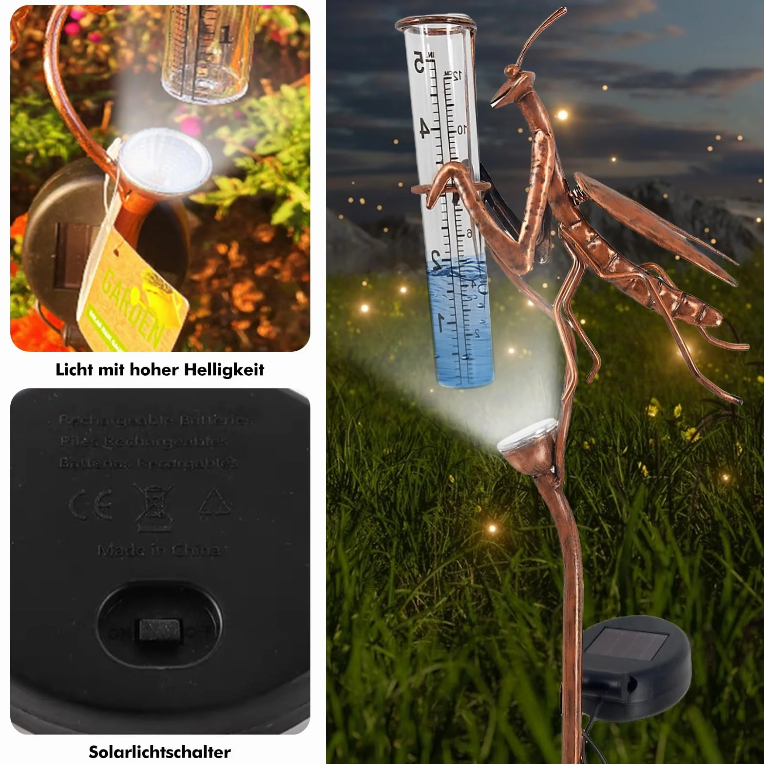 HOSPAOP Pluviomètre Solaire de Jardin avec LED et Piquet – Verre Résistant au Gel, Mesure Précise des Précipitations pour Pelouse, Terrasse, Champs, Patio, Déco Extérieure