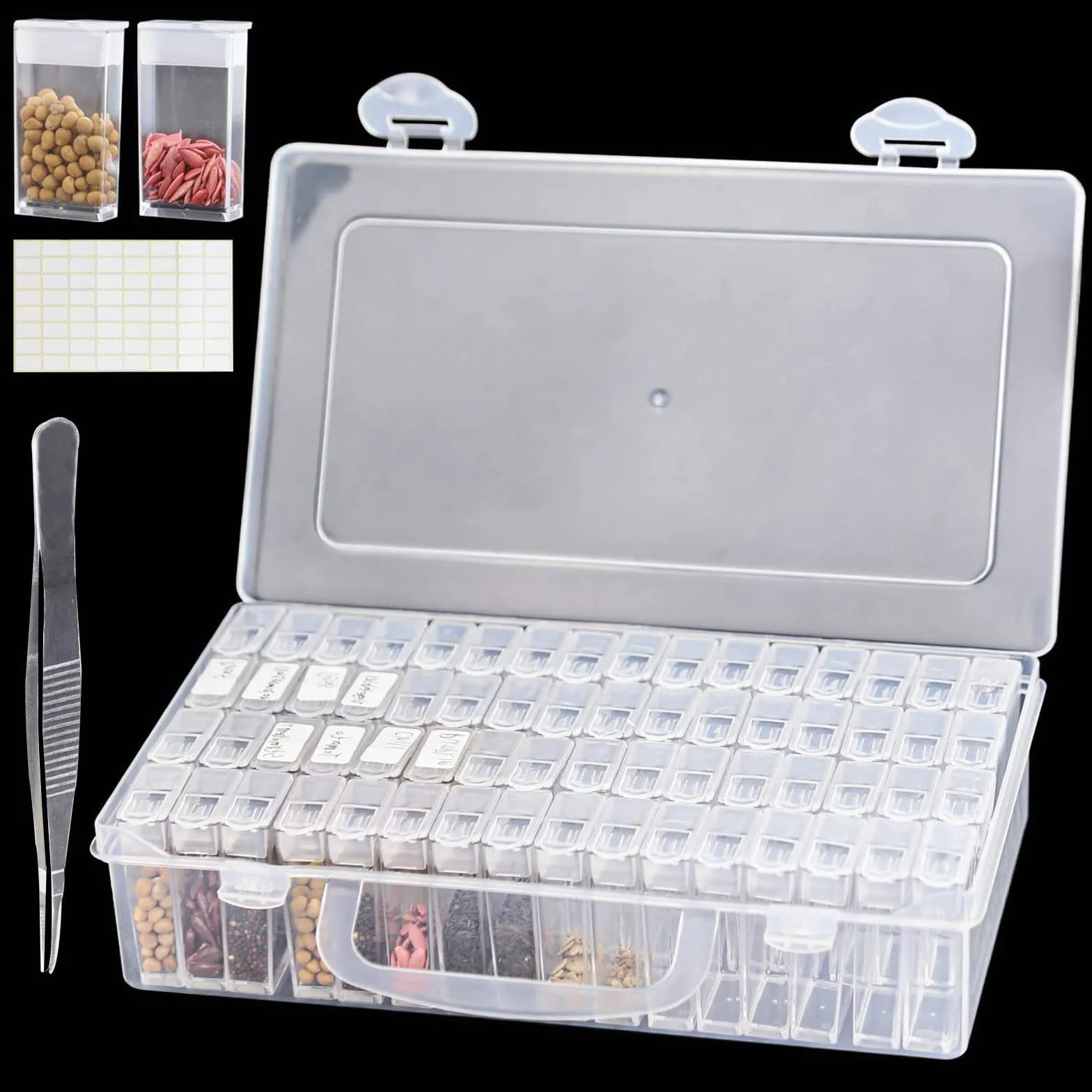mumisuto 64 Fentes Boite Stockage Graines, Organisateur de Graines, Boîte de Rangement Plastique pour Stocker Les Graines, BoîTe de Stockage de Graines avec éTiquettes Autocollantes