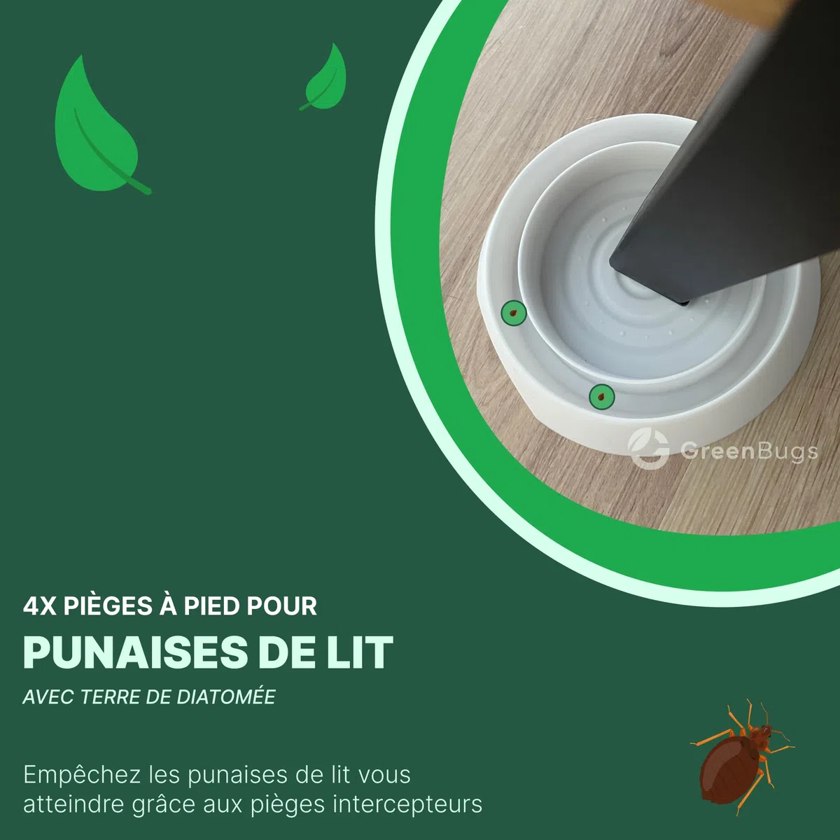 Piège Punaises de Lit (x4) avec Terre de Diatomée 100% Bio - Kit Intercepteurs Anti-Punaises pour Pieds de Lit - Solution Efficace - Inclus Mode d’Emploi