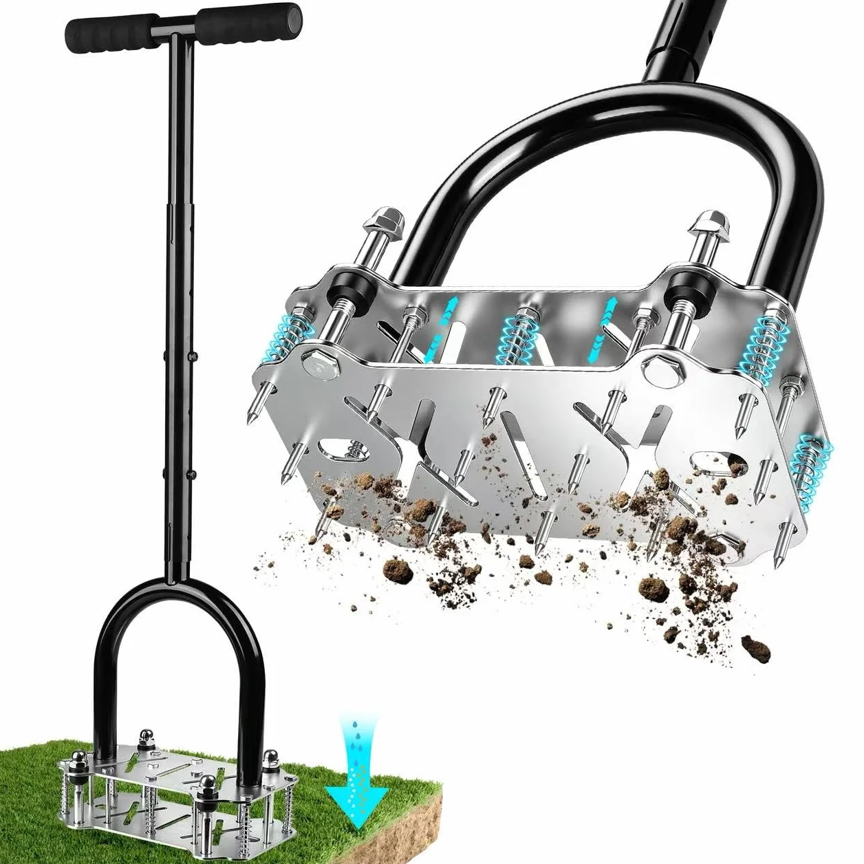 Aérateur de Gazon à 14 Picots, Aérateur de Pelouse Manuel avec Semelle Antidérapante – Scarificateur et Aérateur pour Sol Compacté, Outil d’Aération pour Gazon, Jardin et Pelouse