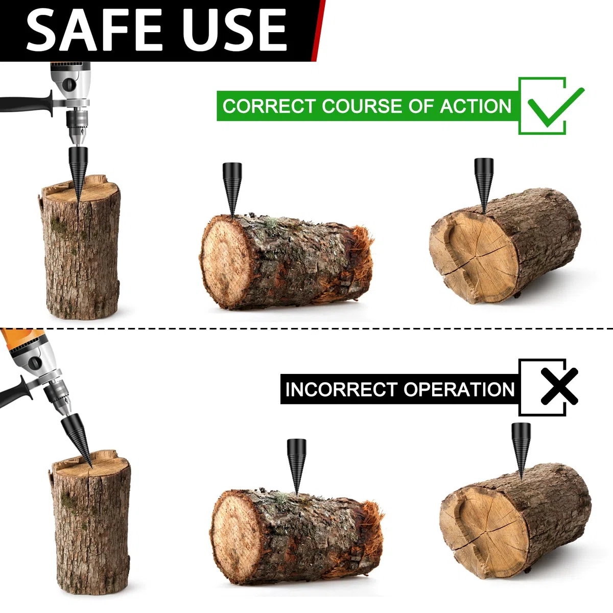 Fendeur de Buche, 32mm+42mm Fendeuse de Buches avec 4 Poignées, Conique Foret Fendeur de Bois ou de Bûches, Cône Bois Perceuse pour Fendre, Foret de Fendage de Bois pour Électrique