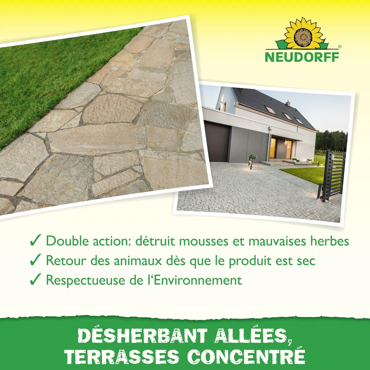 Neudorff Finalsan Désherbant Allées, Terrasses – Désherbant puissant sans glyphosate, action rapide sur mauvaises herbes et mousses, 1 L