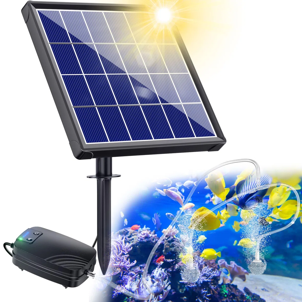 Biling Aérateur de bassin solaire - Pompe à oxygène avec batterie 2200 mAh - Panneau en verre de 2,5 W - Tuyau de 3 m - IPX5 - Silencieux - Pompe à air solaire pour étang de jardin, citerne d'eau de