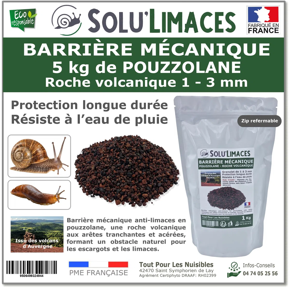 POUZZOLANE 5 kg - Barrière Anti Limaces, Escargots et autres gasteropodes - 100 % NATUREL ET ÉCOLOGIQUE- Produit Francais
