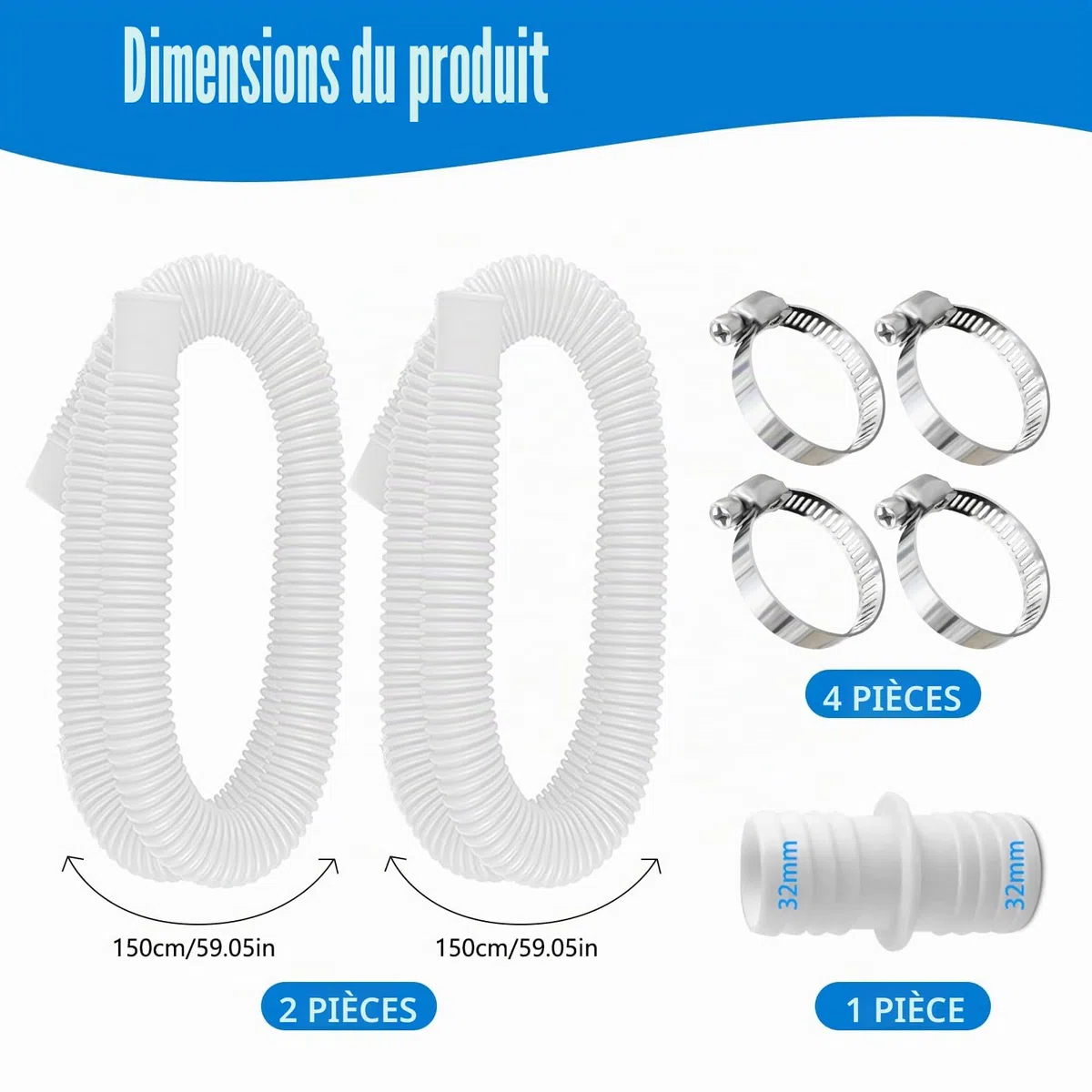 Lot de 2 tuyaux de piscine de 32 mm pour pompes de piscine avec 4 clips de sécurité et 1 raccord de tuyau, idéal pour les pompes de filtre, les nettoyeurs de piscine, les chauffages de piscine et les
