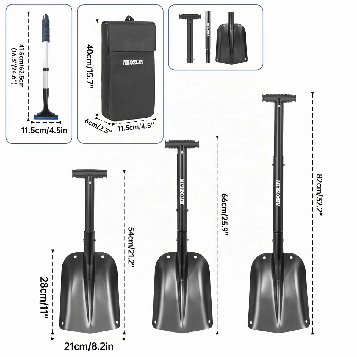 Pelle à neige télescopique d'urgence avec grattoir à glace et sac de transport pliable en aluminium de 53,8 à 82 cm, pelle d'urgence rétractable légère pour voiture, motoneige, jardin, camping