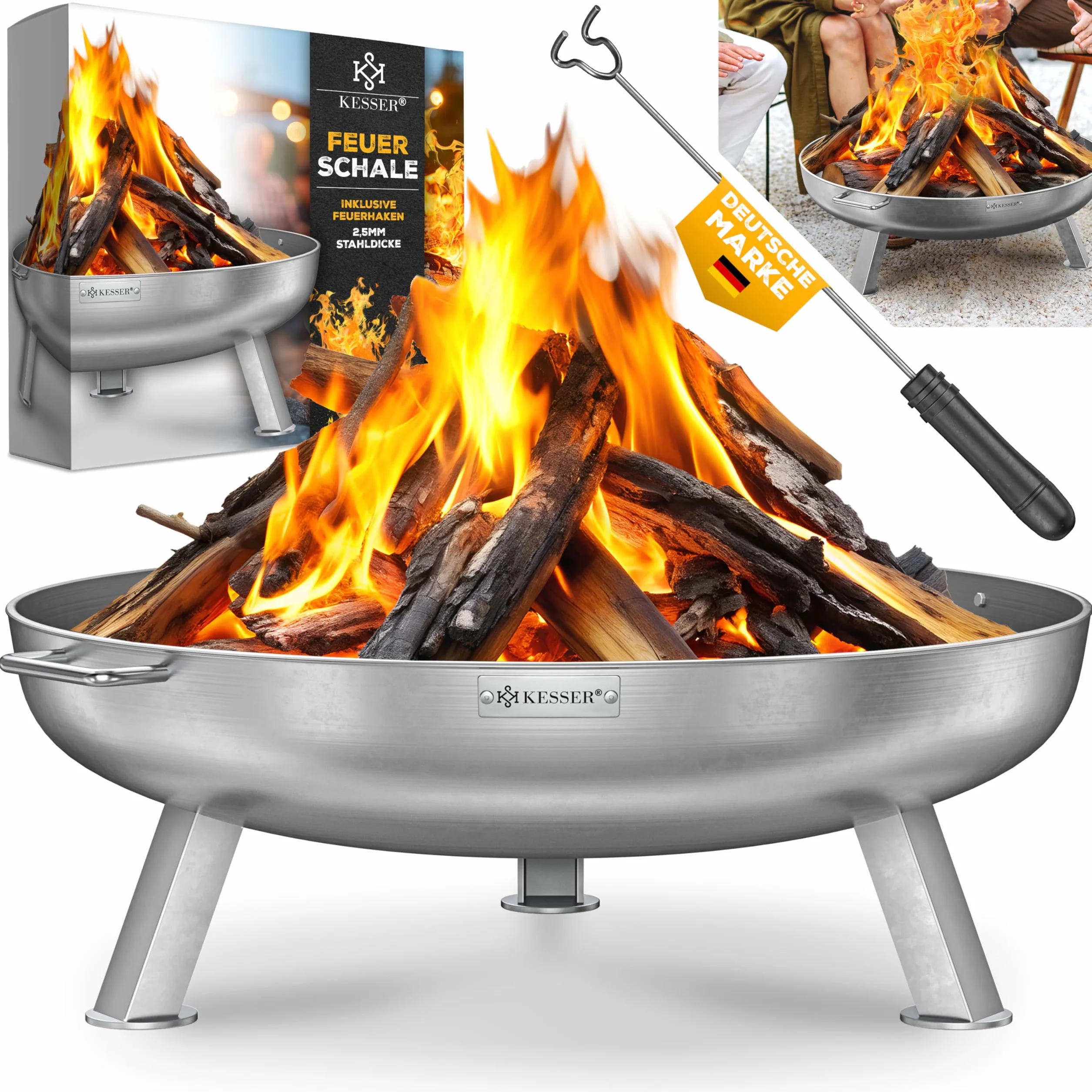 KESSER® Brasero en acier inoxydable 2,5 mm d'épaisseur Diamètre : 70 cm 42 cm Crochet en fonte 2 poignées solides Pour feu de camp, jardin et terrasse
