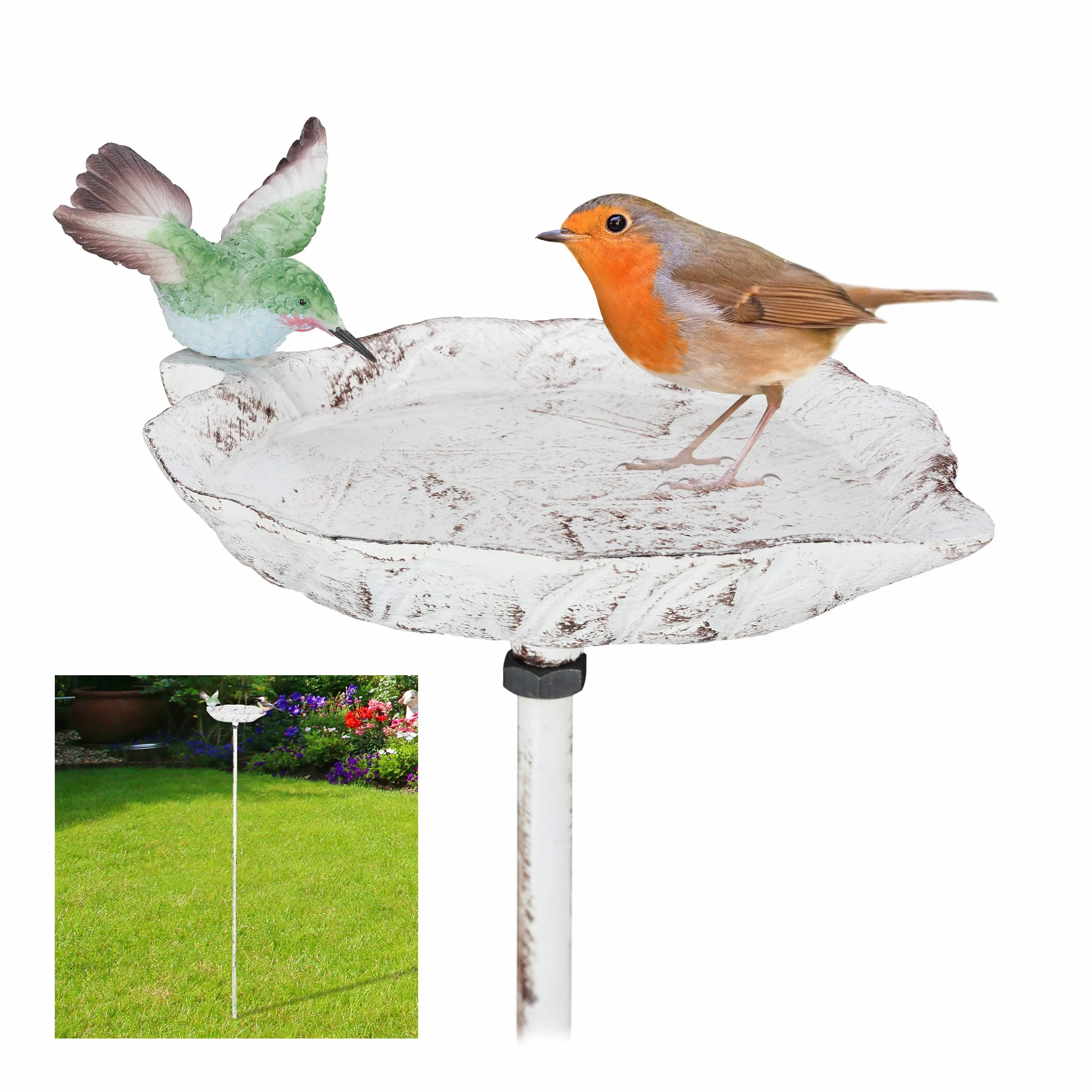 relaxdays Abreuvoir pour Oiseaux en Fonte, avec pic de Terre, Décoration pour Jardin, Mangeoires, 1 m de Hauteur, Blanc