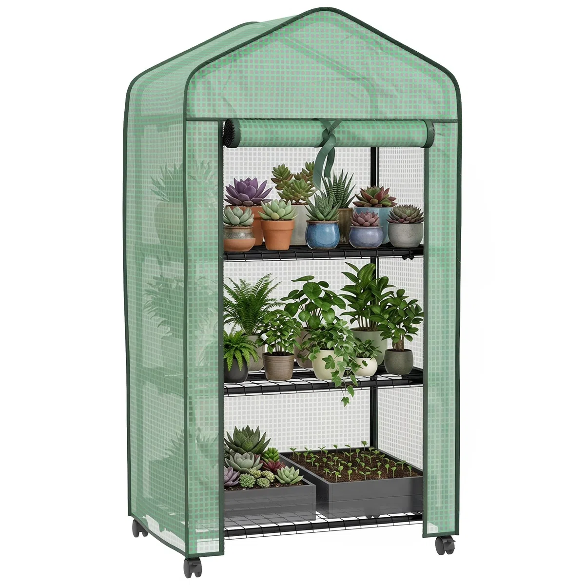 Outsunny Serre de Jardin PE avec étagères 3 Niveaux, Serre de Balcon, bâche PE, châssis en Acier, Porte zippée Enroulable, pour légumes Plantes Fleurs, 69x49x130cm, Vert